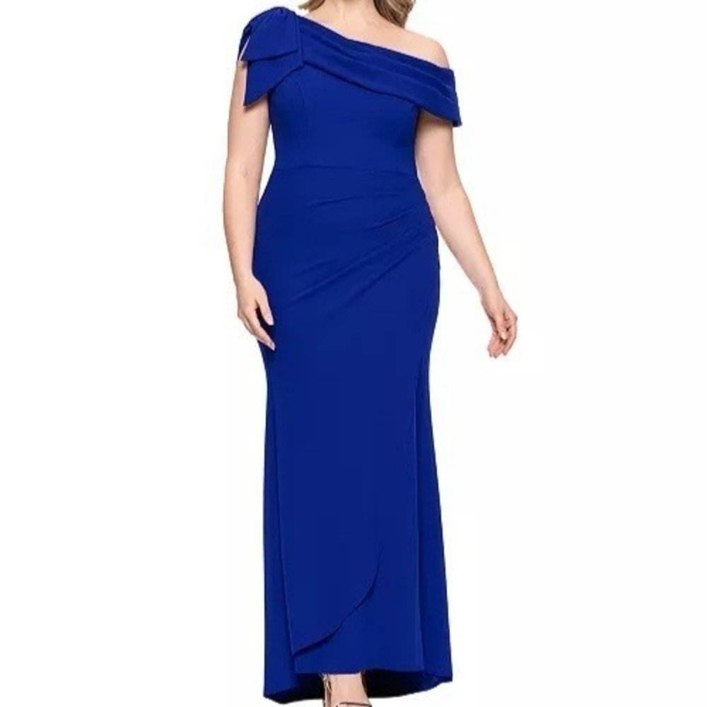 XScape One Shoulder Bow Detail Evening Blue Sleeveless Gown Dress Womens 22W NWT